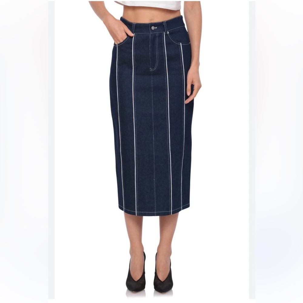 Avec Les Filles Navy Midi Pencil Skirt with White Pinstripes